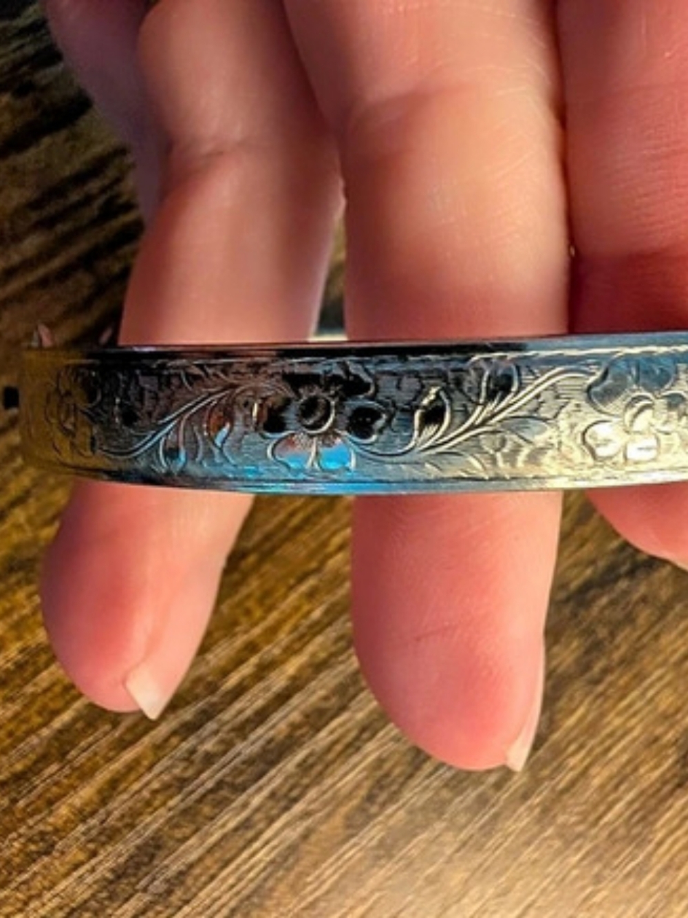 Engraved Floral Silver-Tone Bracelet